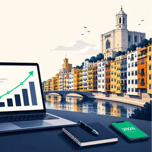 Il·lustració d’una agència digital a Girona amb un ordinador mostrant el preu i rendiment d’una pàgina web professional el 2026